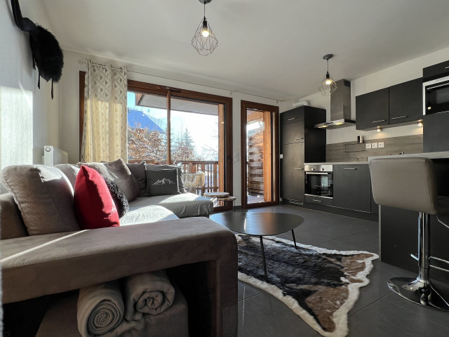 Residence Loges Blanches Châtel, apartment 201B, Living room and kitchen, Mountain French Alps